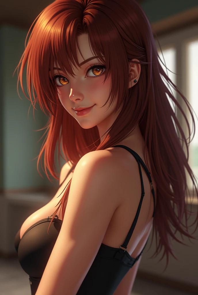 (Best quality at best,8K,A high resolution,tmasterpiece:1.2),Digital artwork,A woman in her twenties，with beautiful red hair，With a gentle expression, Wearing a hairpin on the head, Depicted from head to toe，Bigchest，black maillot