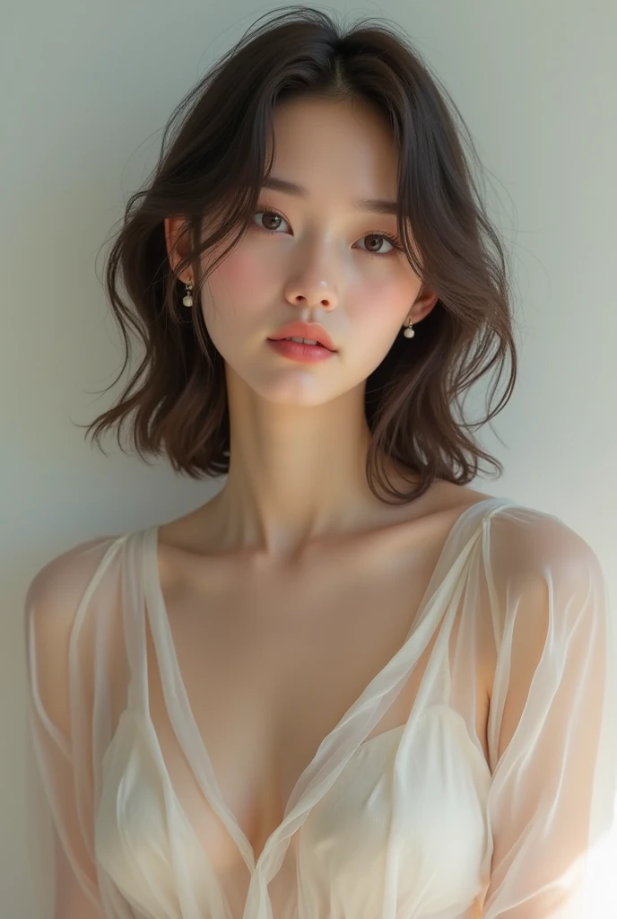 Ultra High Definition, Superior Quality, Premier Quality, ultra detailed, Photorealistic, 8k, RAW Photos, highest quality, masterpiece, Attractive girl, Stunning girl, Brown Hair, Shoulder Length Layered, asymmetrical bangs, Japanese Idol, Sophisticated, Stylish, dress,an extremely detailed painting of this girl as she poses very elegantly, 1girl, solo, breasts, earrings, jewelry, long hair, looking at viewer, cleavage