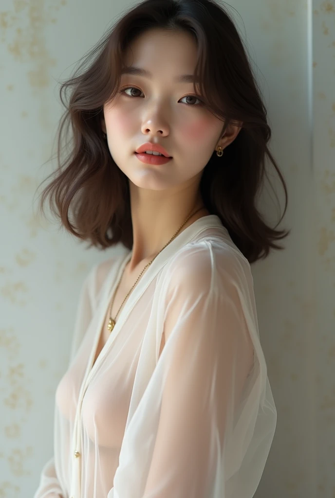 Generates a girl with a see-through shirt 