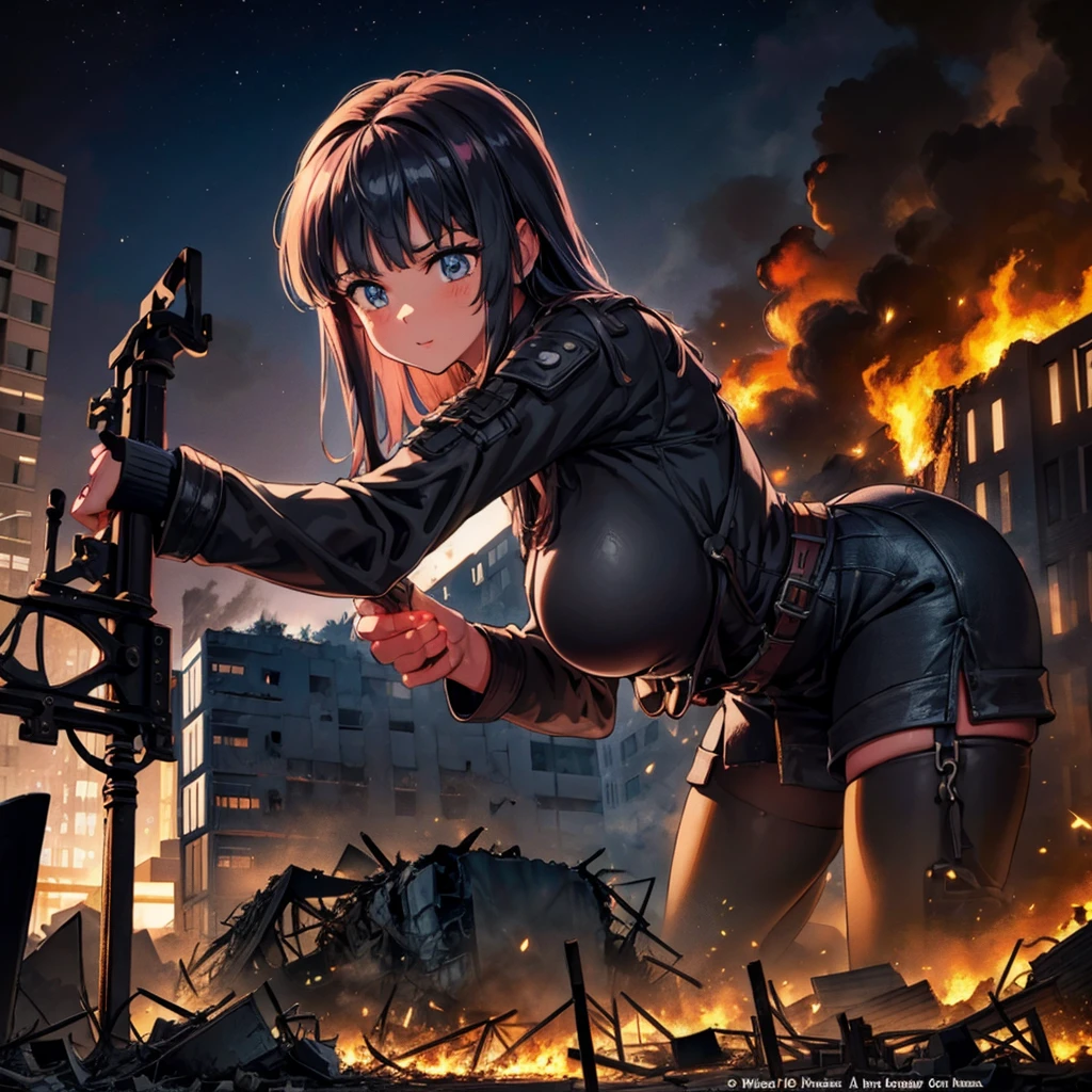 A black-haired female warrior wearing armor cries in the midst of war and fire., wide angle photography, Realistic beauty, high resolution, Excellent quality, Masterpiece