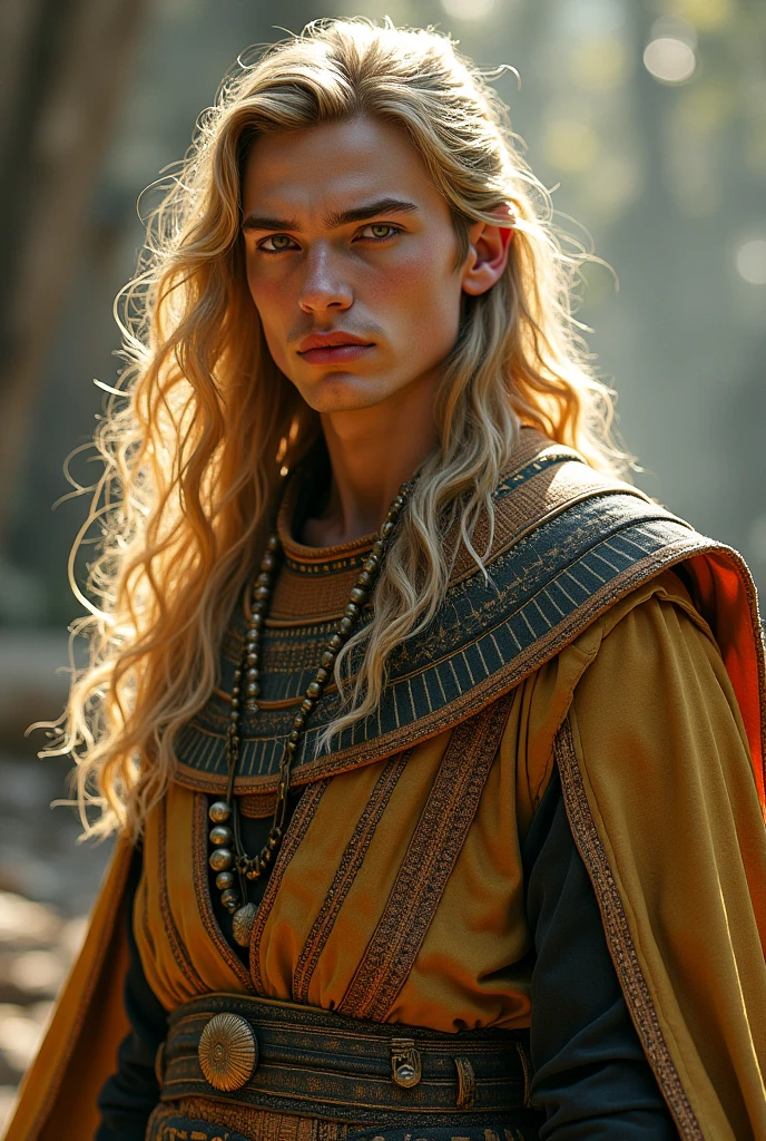 medieval man, Arabic clothing, blonde hair, uneven haircut, long hair, tattoos all over the body, rich clothing, detailed clothing, brown eyes, moles on the face, healer, bright lighting