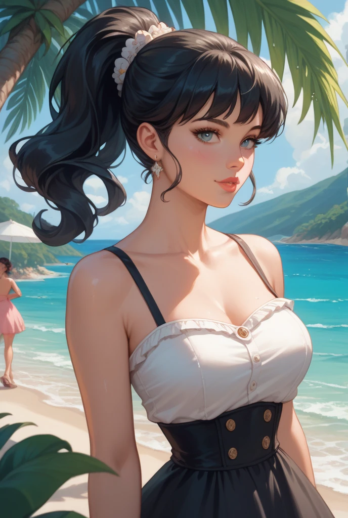 Realistic illustration by Artgerm: An extremely beautiful woman wearing a very tight outfit that accentuates her curves, pale white skin, bright blue eyes, red lips, extremely straight black hair with long bangs, large gold earrings and necklace, manga short and short top, in the background a lake with orange tones and blue sea with clouds, light porcelain texture