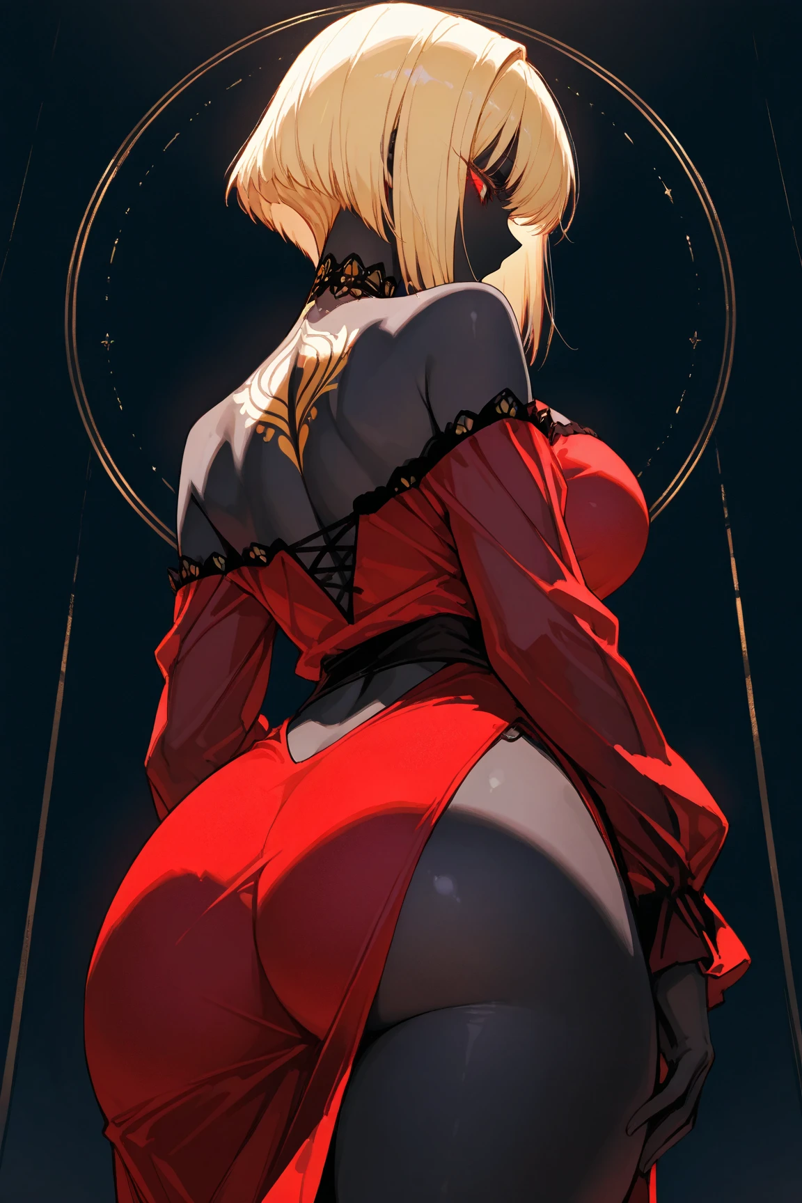 (best quality,4k,8k,highres,masterpiece:1.2),ultra-detailed,(realistic,photorealistic,photo-realistic:1.37),striptease, standing, noir, dark and intimate,private dance,( neon lights), (noir, dark:1.5),(from behind view:1.2),low angle, scenery feel of a private room, strip dance poses,erotic atmosphere,seductive expressions,sensuality,temptation,twisted fantasy,captivating performance,mysterious aura,alluring charm,enticing movements,dynamic composition,vivid colors,soft and sultry lighting,exquisite choreography,stunning visual effects,provocative dance,tempting curves,subtle and captivating emotions,a mesmerizing blend of power and vulnerability,twisted seduction,sensory overload,mysterious allure, seduction in the darkness (rim light), intimate, luxury, muffled light, detailed outfits, rich in details and textures, particles of light, sweat, bewilderment, ((an extremely delicate and beautiful)), (detailed light), dynamic angle maid uniform, sexy bunny red suit, red tights, bare_shoulders, delicate hands, neck ribbon, ,thigh garter,High heels Rich detail and textures, particles of light, the sweat, bewilderment, ((extreamly delicate and beautiful)), (detailed light) wet, perfect fingers