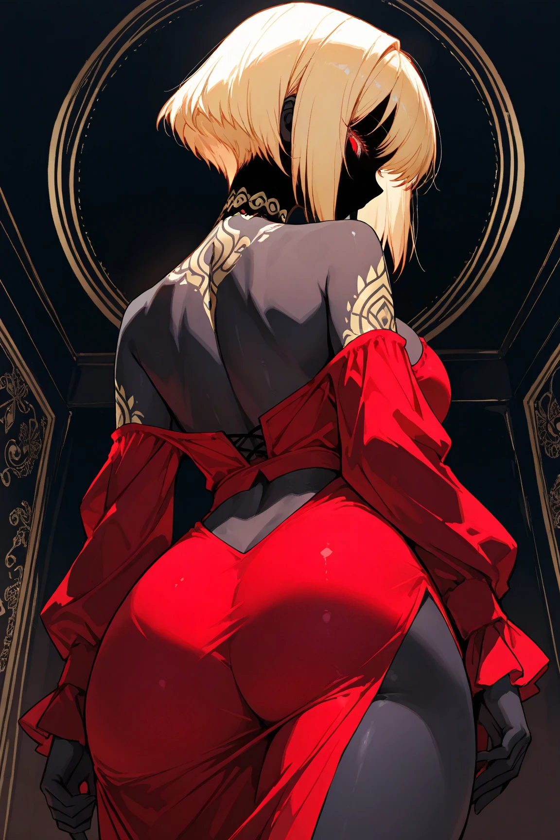 Light Particles, Soft lighting, Volumetric Lighting, Intricate details, Attention to detail,
1 girl, solitary,
Blonde Hair, Long hair, High Ponytail,
Red Eyes, Long eyelashes, Thick eyelashes, Looking at the audience,
Red Dress, Gorgeous dress, Backless dress, Puff sleeves, Juliet Sleeves, (Long sleeve:1.2), Red bow tie,
black background, Simple background, From the back,