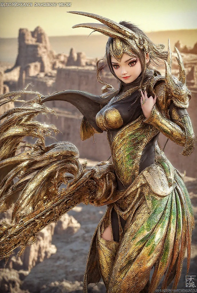 (Masterpiece, 4K 分辨率, Ultra-realistic, Very detailed), (Zodiac knights theme, Charismatic, there is a girl at the top of the city, Sagittarius knight in golden armor, she is a superhero), [ ((20 years), (Long green hair:1.2), full bodyesbian, (Green eyes:1.2), ((fightingpose),demonstration of strength), ((sandy urban environment):0.8)| (Cityscape, At night, dynamic lights), (full moon)) --auto
