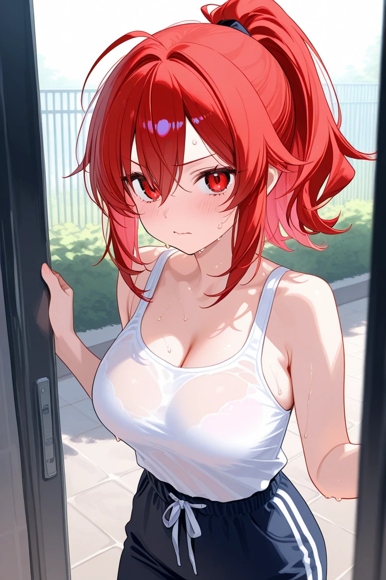 8k, best quality, masterpiece, ultra-detailed, garota linda de anime, sozinha, alone, only a girl, somente uma garota, she is alone, shes alone, olhos vermelhos, olhos avermelhados, olhos de cor vermelha, red eyes, cabelos curtos, solo, red hair, cabelos vermelhos, casual clothes, smug