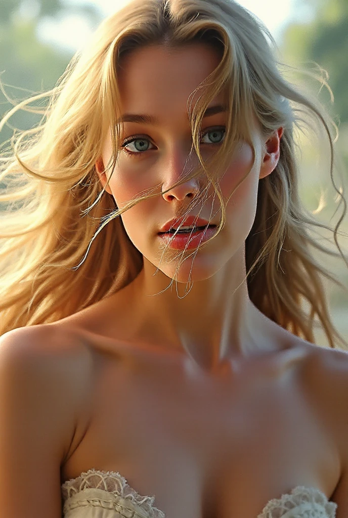 Realistic photo of a 30 year old woman, beautiful face, nice appearance, long and very wavy blonde hair, many freckles, naked, standing on the beach, with sand stuck to the skin, relaxed expression, overflowing with emotion, interplay of contrasts along with detailed lights and shadows, depth of field, clear atmosphere, wind in the face