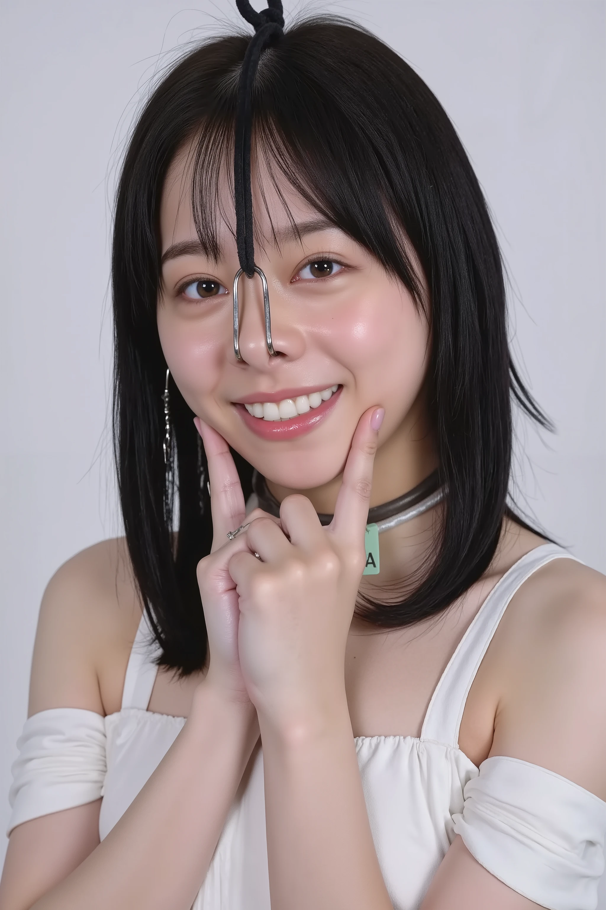 A high resolution photograph of a young Japanese woman, masterpiece, photo-realistic, natural lighting, film grain, portrait, fashion shoot, solo, 1girl, off-shoulder dress, black hair, tilted head, detailed face, detailed eyes, amber eyes, beautiful pupils, sophisticated nose, pale skin, fine-textured skin, full smile, dimples, pet-collar with a tag, earrings, jewelry, (nose hook with chain wrapped around the top of head, nose hook makes her nose look like a pig snout, hooking in her nostrils:1.5), (portrait, front view, view from below, facing up, chin-up, face focus:1.4), close-up of face, simple background,