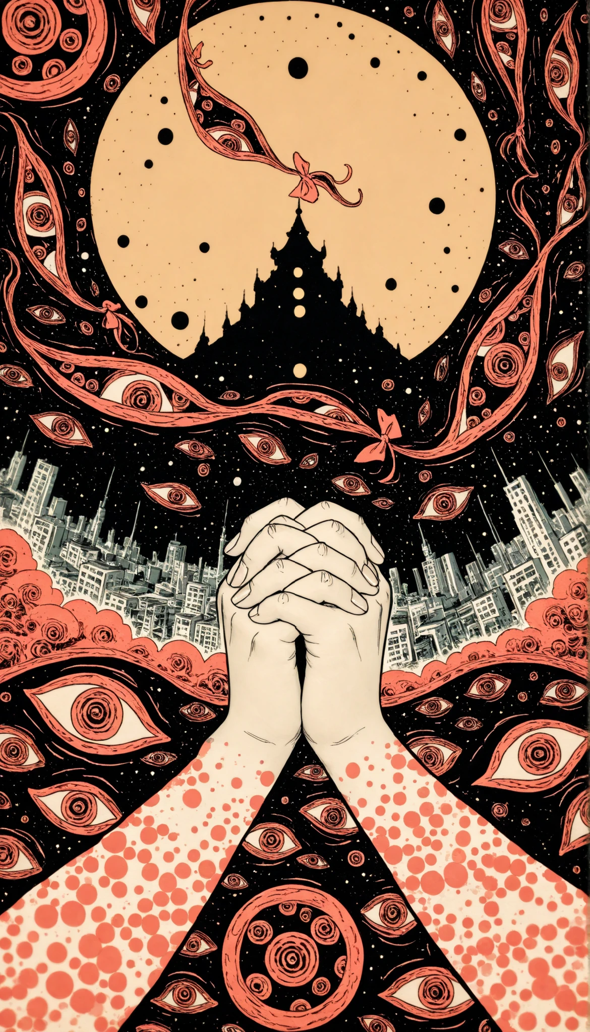 Depth of Field, high definition image,a lot of details, ((gap)),ink silhouette of a fragmented woman with skin dotted with, nestled in a mosaic of monochrome tones and metallix, dots with zentangle limbs sprouting in the middle of an urban ukiyo-e, skyline under a graffiti nebula dyed with stars that breathes a strange life, hands clasped together curling