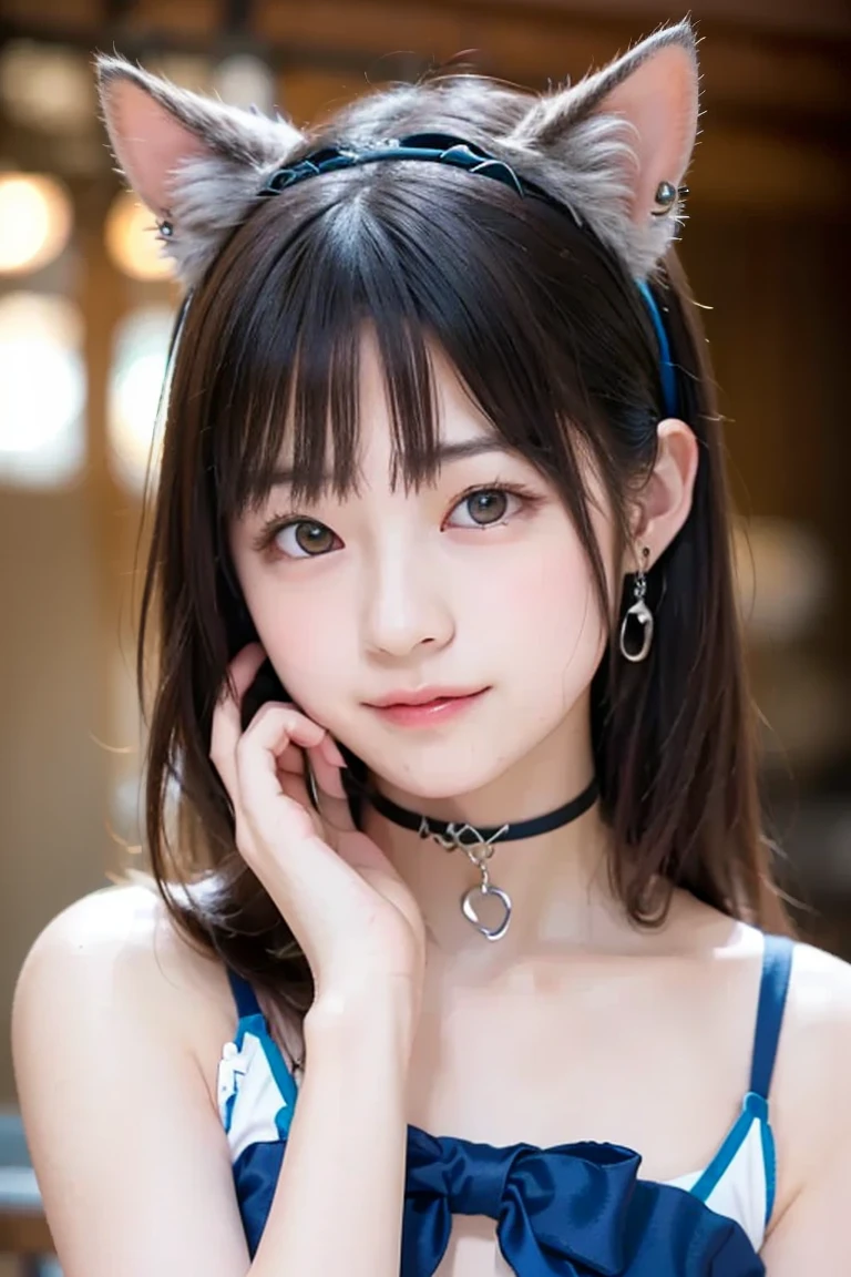 she's a Japanese middle school student,young face,cute,Silver eyes,Cat bell choker,white skin ,a headband with cat ears on her head,cat pose, Hidden Behind Ears, Kitten silver earrings, 1 girl on break day, Highest Quality, masterpiece