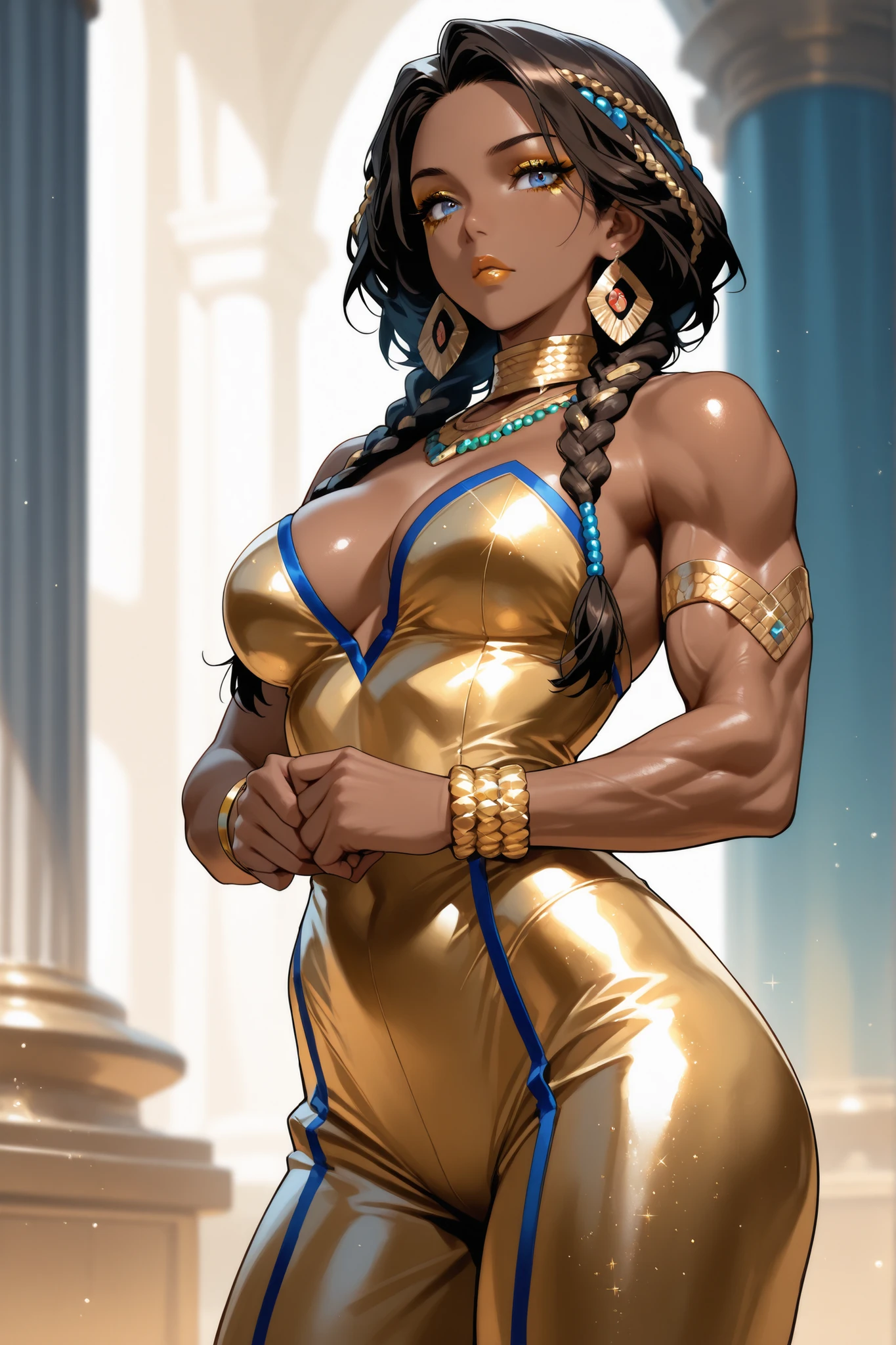 Imani,black dreadlocks,brown eyes,makeup, smile,
cleavage,gold hair bangles,gold jewelry, gold bikini,
standing, solo,
nighttime,stars,
(insanely detailed, beautiful detailed face,beautiful detailed eyes, masterpiece, best quality)
(best quality, masterpiece, beautiful and aesthetic:1.2, highest detailed face,perfect face,)
<lora:imani-10v6:0.8>,