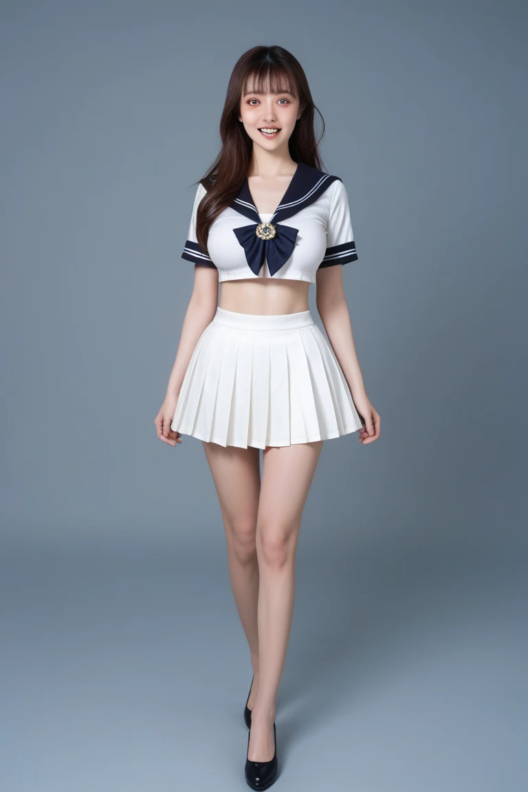 (8K、RAW Photos、Highest quality、masterpiece:1.2)、(Realistic、Realistic)、1 girl、((Sailor Warrior Outfits:1.5、With pubic hair、Large Breasts、Full body from the front、Standing with hands behind back、))、Lots of eyelashes、Glowing eyelids、skeletally correct、smile、This photo will awaken boys to sex、Hotel Rooms