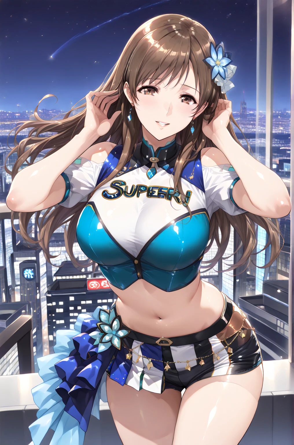 top-quality、Top image quality、sakura bakushin o \(umamusme\)、masterpiece、girl with((20yr old、Best Bust、big bast、Bust 85、Breasts wide open、A slender、Large valleys、Gold Bikini、Gold Dress,Leaning forward、Reflecting the whole body))hiquality、Beautiful Art、Background with((Luxury Hotels、Golden Chain、Window with night view)))masutepiece、visualart、depth of fields、