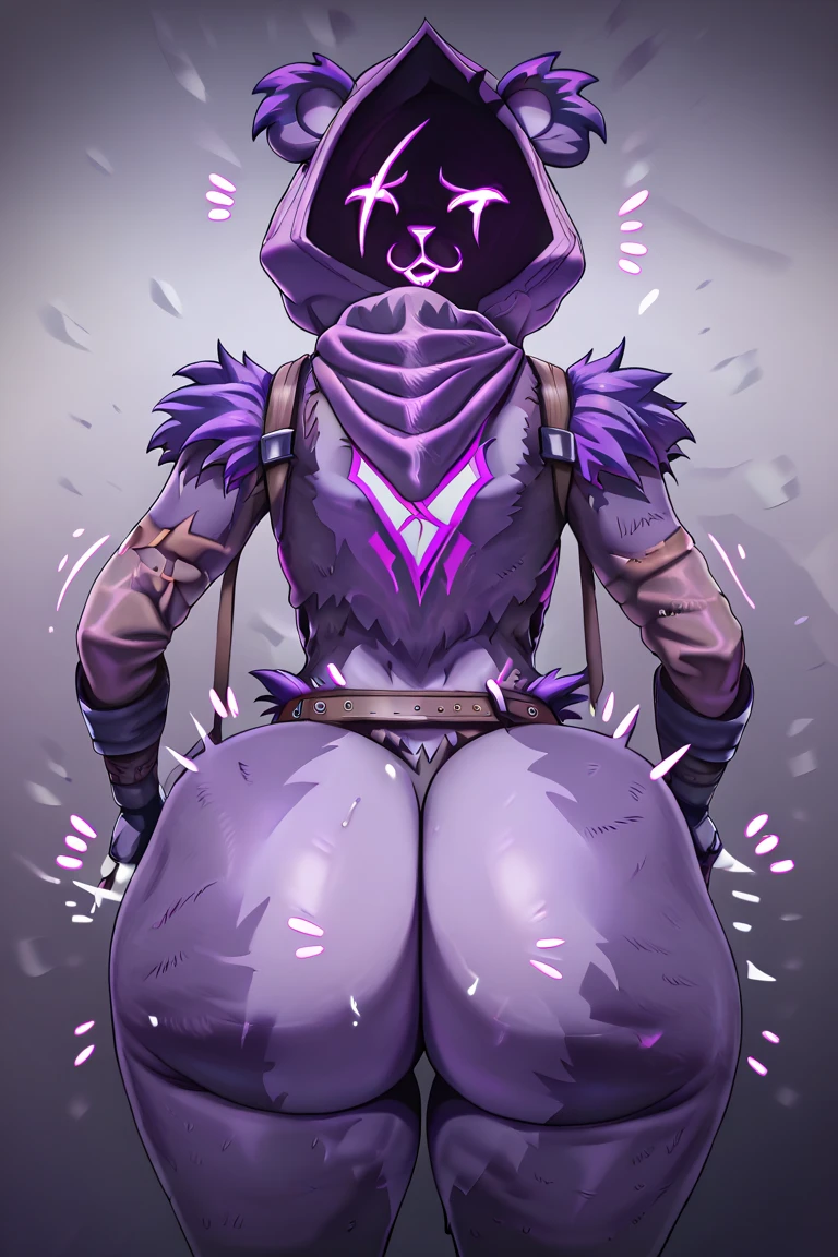 Raven team leader,purple hoodie, with no face, shadowed face, animal ears,purple skin, scar on eye, body skin, purple fur, waist belt, torso symbol, metal gloves, pointing your ass at the viewer, leaning forward, pushing, she closes her eyes, hands resting on top of a small wall, her with her eyes closed, hands are not in the air, expression of force, stomachache, stomach growling. day Of course