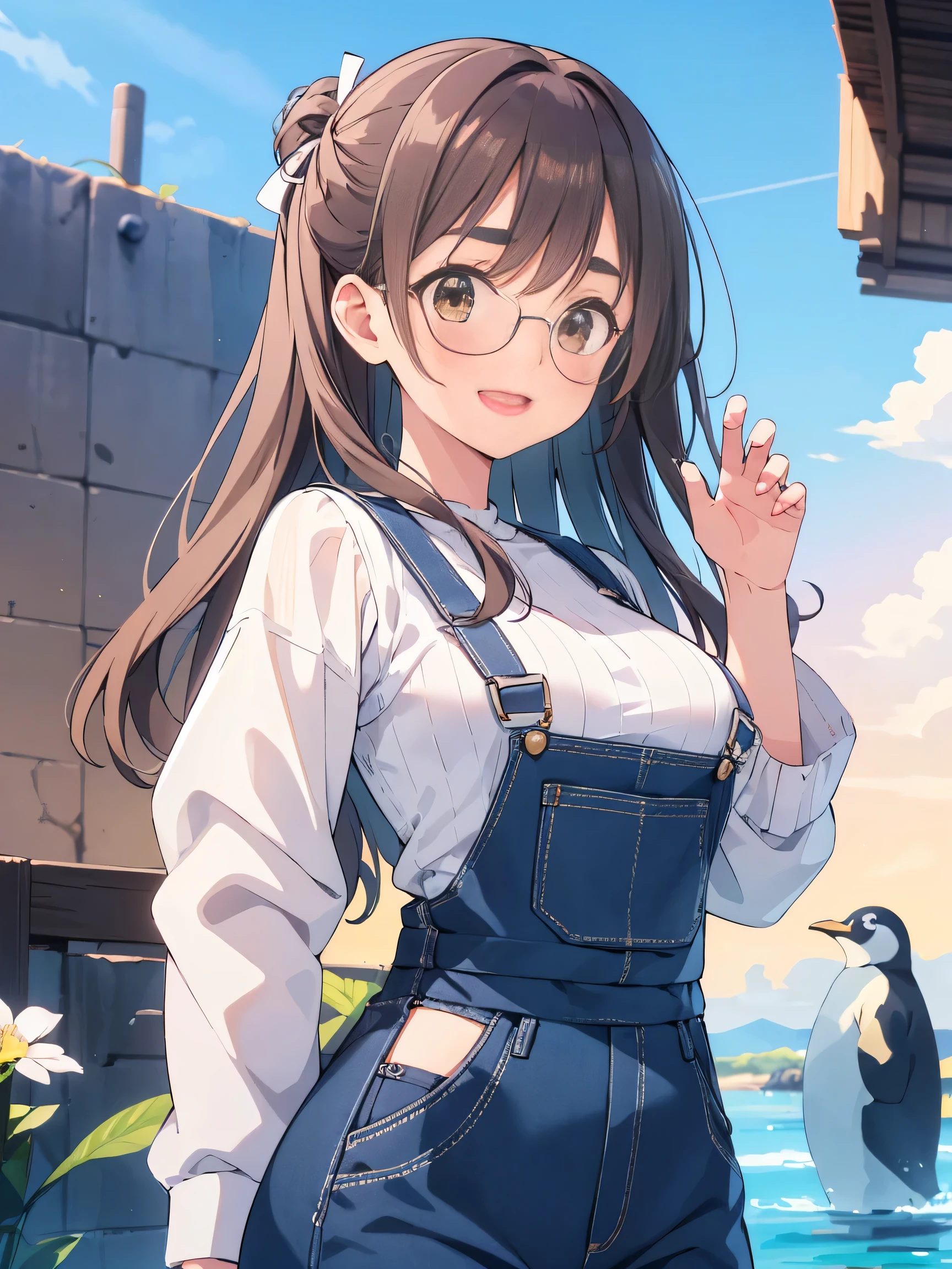 (score_9, score_8_up, score_7_up), source_Anime, absurd_res, white, blue, black, 1girls, solo, multiple girls, upper body, super fine illustration, an extremely delicate and beautiful, best quality, masterpiece, 8K, spring setting, Aquarium, penguins:1.3, beautiful detailed sky, flowers, gentle breeze, long black hair:1.3, half updo:1.3, brown eyes:1.3, wearing glasses:1.3, round eyewear:1.3, thick eyebrows:1.3, sagging eyes:1.3, hair ribbon with light blue, ample breasts, Zookeeper's clothes, Overalls, Boots, smile:1.3, blush:1.3, Feed the penguins:1.3, dynamic pose, contrapposto pose, soft fabric movement, warm and bright atmosphere, soft lighting, delicate color palette, detailed clothing folds, flowing hair, lively spring vibe, highly detailed rendering, breathtaking composition,