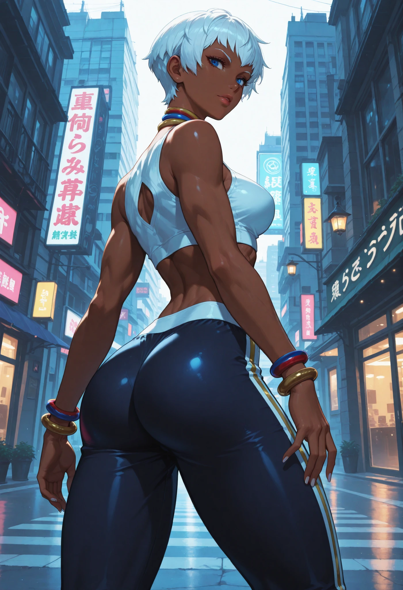 connie maheswaran age 25, ( extremely detailed CG, Mahagony-skinned female with dark Reddish-brown skin, black eyes, and phoenix back tattoo, wearing a full-body open back leotard, mini shorts with stars on the back pockets and a baret holding her black hair tight dragonbraid. strong , well-built, Perfect hourglass physique, amazing skin, strong oblong-shaped face, narrow convex hooked nose. strong, toned, wide heart hips,, biting lips enticingly, catching your eye, waving you closer to her). +( overlooking a coastal city with hands in her pockets,looking over her shoulder ,playful bottom hit) :+(view from behind, hd illustration, extreme long shot, rendered in Unreal Engine 5, hyper-realistic, , 128k, ultra - HD, intricate detail, super - res, webcomic animation, ink art, full-length portrait, wide-body shot, alluring aura and stare , ink art,Black ink,tattoo design outline, Lineart, brush art ,thin line animation, ultra-HD masterpiece, highest quality, highly detailed facial expressions,realistic expression, perfect piece, perfect prompt ,full length, best quality, intricately accurate facial and physical structure, intricately realistic expression and emotion, accurate colored complexion, accurate body anatomy, intricate bodypaint, complex hairstyles, intricate character detail, intricately expressive, intricate color design, complex emotions,)