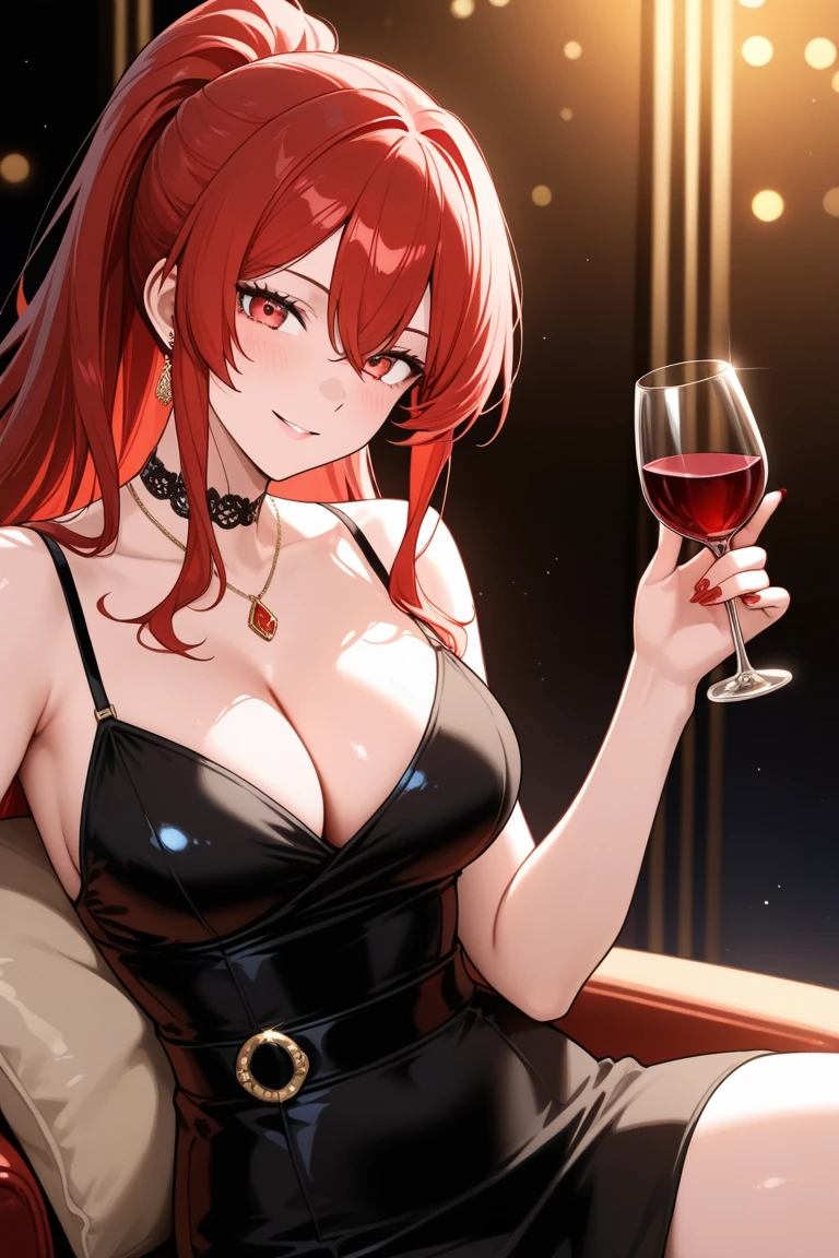 1girl,solo,cool,red hair,bigbreast,cleavage,hold a glass,wine,in bar,sitting a chair