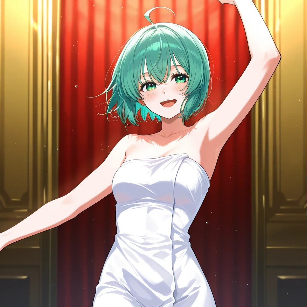 Highest quality、Ultra-high quality、woman、high school student、Completely naked、short hair、Green Eyes、Star Eyes、White stars in both eyes、Large Breasts、Nipples、woman器を手で触る、woman器を指で開く、woman器が濡れる、Are standing、Hotel Bedroom