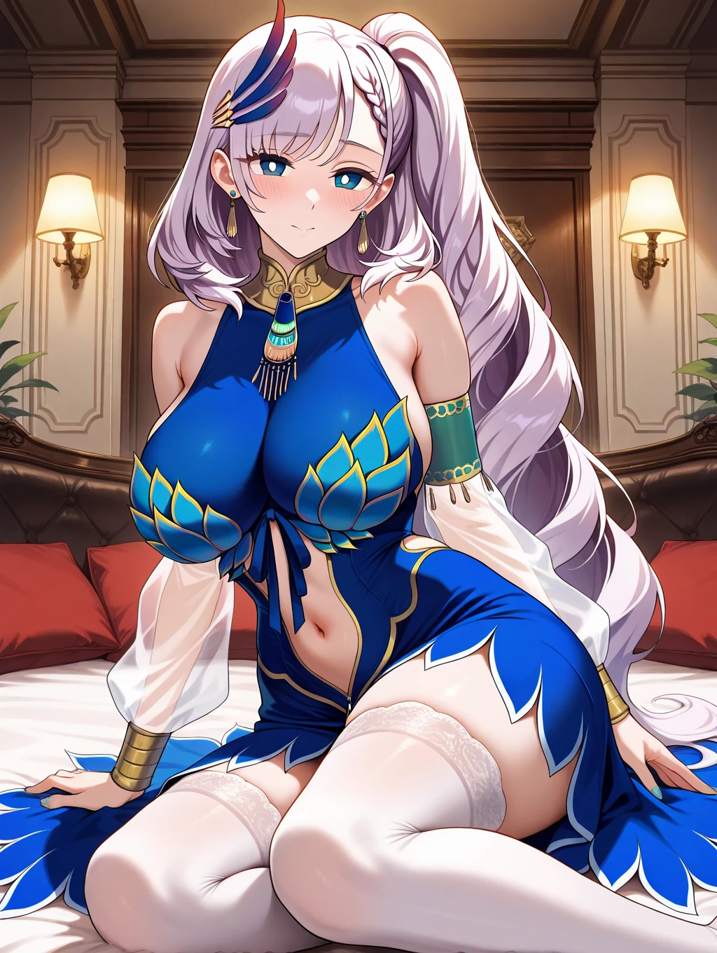 (one female: 1.5), wearing pink patterned kimono, very long blonde hair, messy hair, beautiful blue eyes, showing cleavage, lying on bed alone, alone (SOLO: 1.5),(ALONE: 1.5), large chest, curvy, blushing, beautiful detailed eyes, perfect hands, perfect body, (knife: 1.3), (tarot cards on bed: 1.3), shiny skin, bare legs, boobs, gold jewelery, bracelets, earrings, delicate necklace, open legs