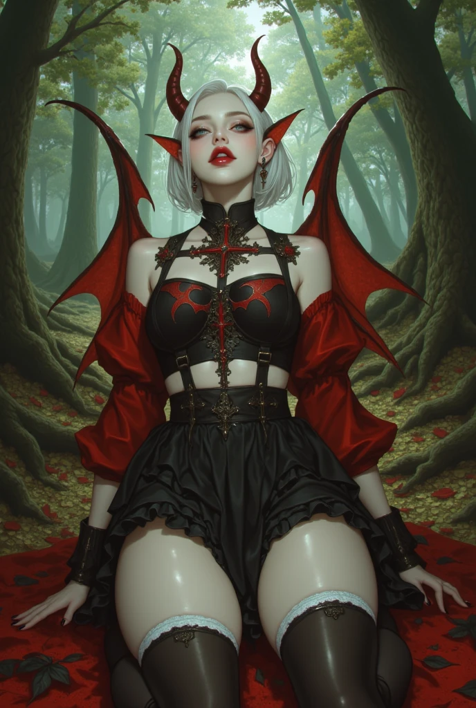A sexy vampire in short black clothes, staring at the viewer, full body, flowing blonde hair, menacing gaze and gleaming vampire fangs, blood staining her pale face, big, sharp nails ready to pounce, in a dark alley of a city at night, with intensely mesmerizing red eyes --auto --s2