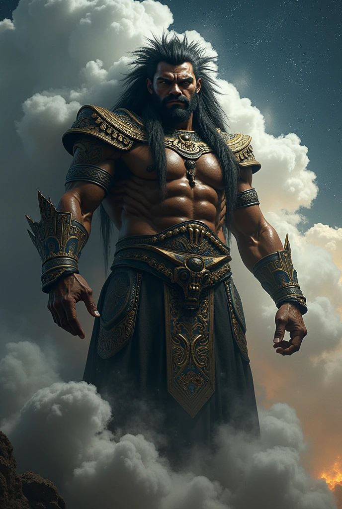 adult man with shaved sides and huge ponytail, Bblack hair. glowing golden eyes and text tattoos all over his body from head to toe, including on the face. he wears white robes and holds a golden sword. he also wears a golden dragon-shaped mask. His skin is slightly golden and he wears gold ornaments all over.