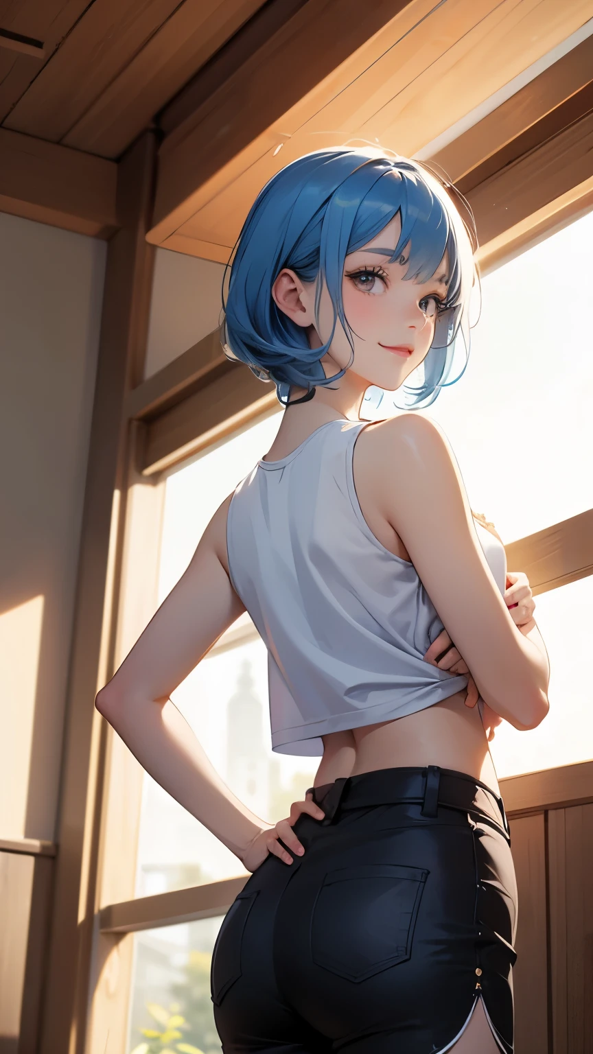 Hand-drawn art, conceptual art, detailed sketch, sketch drawing, manga art style, young woman with French features, with white tank top and short shorts, long light blue hair in ponytail style, blue eyes, strong and defined muscles, in sensual pose