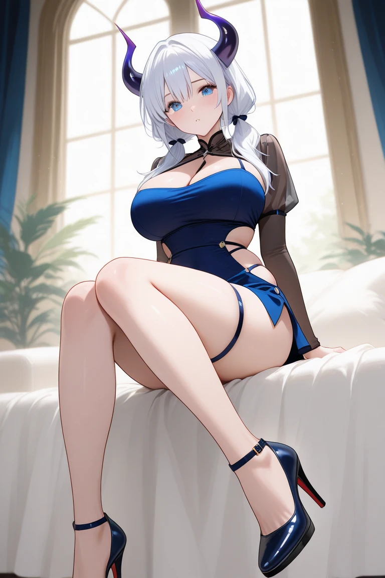 Girl, Solo, Full Body, Spread Legs, Long hair, White hair, Yellow Eyes, Happy face, Breasts, Big Breasts, large Breasts, big Butt, in a room