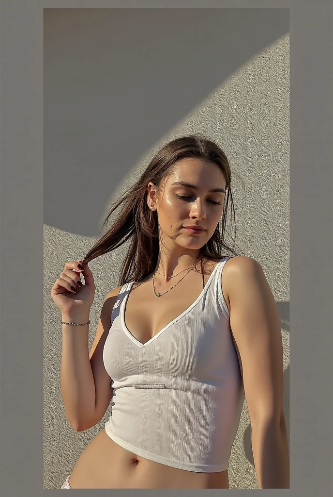 a woman with a red lipstick and a black background, wearing jeans and a loose-fitting white cotten tank top, cait miers, beautiful, attractive, maia sandu-carice van houten-cait miers-galen dara-mischa barton-christna hendricks merged, entire body visible, full body, hyperrealistic, best quality, 8K, real human skin, masterpiece, extremely intricate, detailed eyes, detailed face, detailed body, exaggerated features, pronounced features, fujifilm