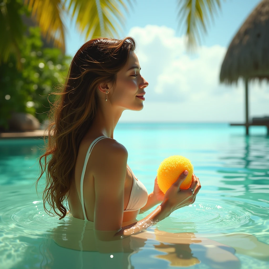Photo of Curvy girl, wearing bikini, giant belly, huge wide hips, thick thighs, giant butt, she is stuck tight in an innertube, she is laughing a bit, floating in the deep pool without a care in the world, her girlfriends laugh as they give her a push back to the shallow