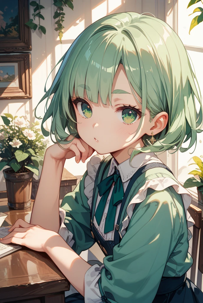 anime, One girl, Green Eyes, Highest quality, Green Hair, Shortcuts,, cardigan, Leaning forward pose, smile