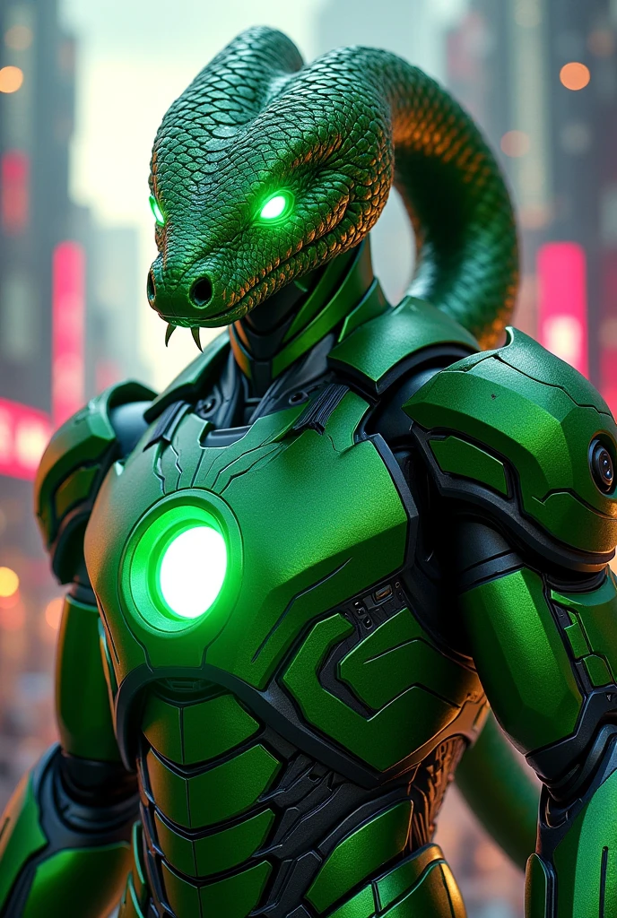 Iron man as green snake, portrait, armor,, Marvel, superpower, city on the background, bright colors