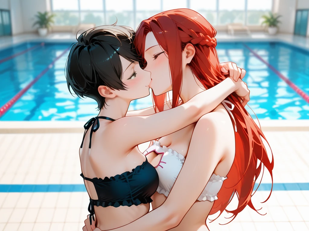 art by Eiichirio Oda, nico robin and nami kissing in a swimming pool, reiju is kissing nico robin from the back, nami is kissing nico robin from the front
