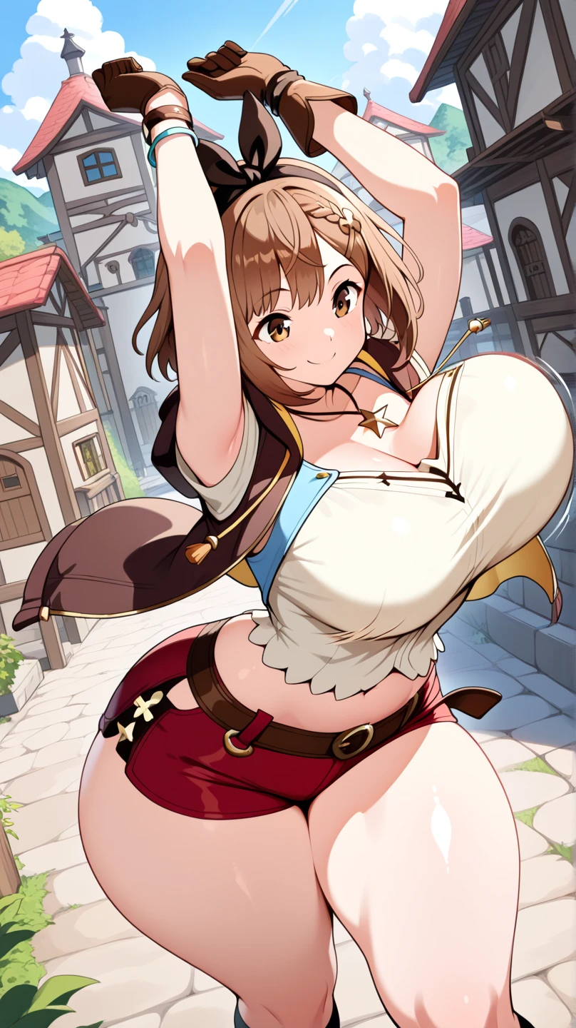 (wooden fortress with medieval army from above in front of a giantess breasts and face: 1.3), (fantasy wooden fortress with medieval army in front of a giantess looking down on them), all fours, (:3), (nipples), adventurer clothing, ass, (brown hair), (brown eyes), (fluffy ears), (messy big hair), big thighs, armor, sword, closeup breasts and face, mountains, cliffs, hills, (long landscape: 1.2), (from below view: 1.2), (very skinny: 1.2), big , (sky background)