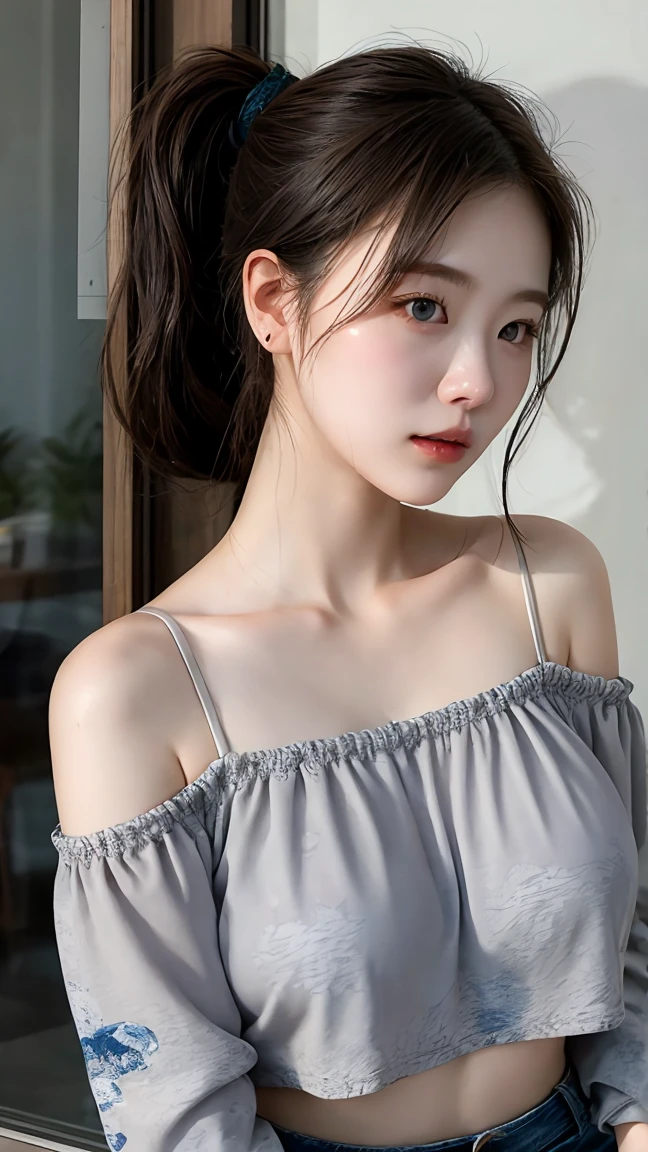 from side, hip up,((addielyn)), side pose, Random position, night time, (extremely delicate and beautiful work), (masterpiece), 1girl, streetwear, highly detailed, twisted ponytail, charming expression, beautiful and clear Eyes, blue pupils, exquisite pearl necklace, exquisite earrings, simple blurred background, extremely detailed description, beautiful and charming, ultra-fine painting, exquisite face, exquisite figure, exquisite clavicle, cute lips, soft back, mix4, (8k , RAW photo, best quality, mastery:1.2), (realistic, photo-realistic:1.37),1girl,cute,cityscape,night,rain,wet,professional lighting,photon mapping,radiosity,physically-based rendering,above waist,