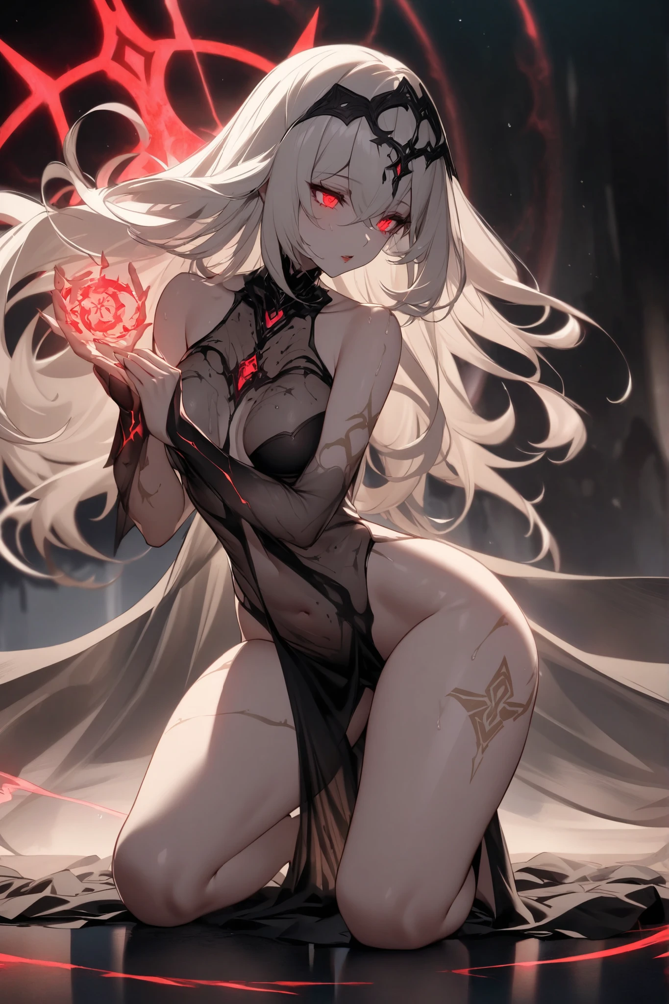 ((Marl、Horse ear headband、fake horse ears))、(lightly dressed、cleavage of the breast、fully body photo、Beautiful legs)、((Dark、Blind Mask、blindfolds、Atrocious、deadpan、Death row inmates、Large piercings、Large earrings、Standing、T back、Surrounded by blue flames、Smoke from the mouth、Snow-white skin、Bloody tears、Red tears、Digital Tattoo))、1girl in、master piece、japanaese girl、absurderes、hight resolution、ultra-detailliert、depth of fields、masterpiece、extremely details CG、3D Photography、3D background、Unity、8K、Hi-Res、top-quality、shadowy、foco nítido、pale-skinned、A detailed eye、blurry backround、dynamic ungle、The most amazing super feat exaggeration、a closed mouth、superclear