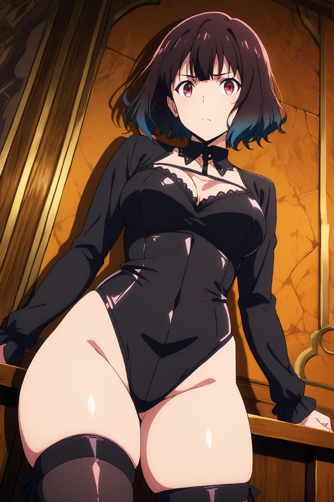 Ultra Real), (Illustration), (High Resolution), (8K), (Very Detailed), (Best Illustration), (Beautiful Detailed Eyes), (Best Quality), (Ultra Detailed), (Masterpiece) very big breasts, Bare shoulders attractive legs, (busty), (perky) (huge ass) (bubble butt) human_feet, messy hair, black hair, (purple eyes:1.1), barefoot, bare shoulders, RaidenGenshin_NDV, 1girl, mole under eye, virgin killer sweater, short hair, black sweater, catlike puples