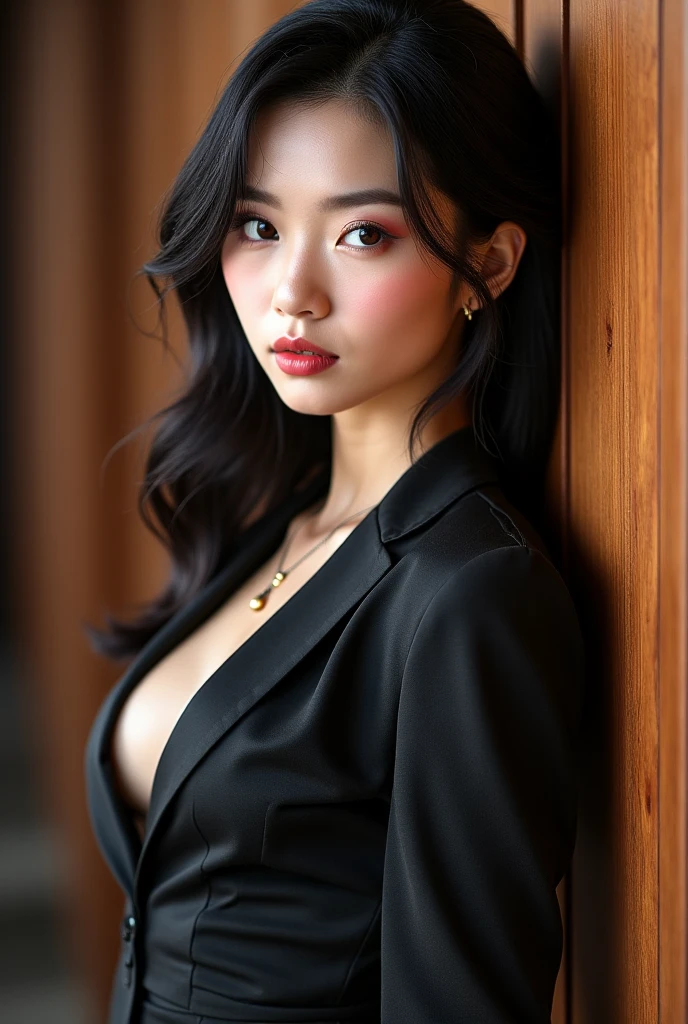 Ultra HD resolution,artistic photos,Professional Photography,((21 year very sexy wet super-model leaning on window, big breasts:1.1, long brunette wet flowing hair, cold ultra realistic wet skin, wearing very sexy business suit)), exposed cleavage & navel, ((posing like super-model, leaning on a window in a mansion, outlining her perfect figure, dark lighting)) smiling at viewer, natural red lips, attention to detail.