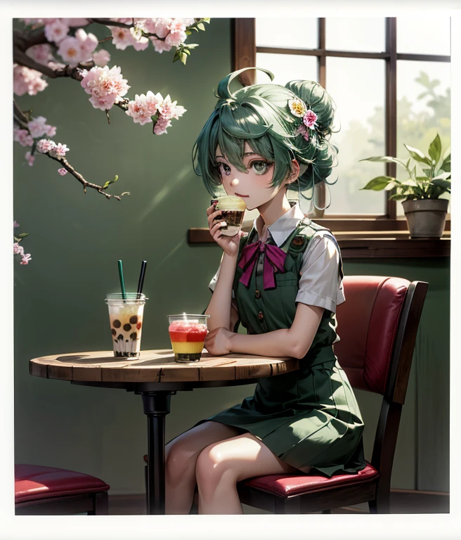A kawaii girl is pouring cocktails, Blue and green petals poured down around her，Create a dazzling display.