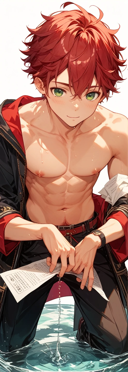 Young guy, short black hair, Cat's ears, red eyes, Kimono Kombat, open torso, Tatoo, Burns, ssmile, Masterpiece, hiquality