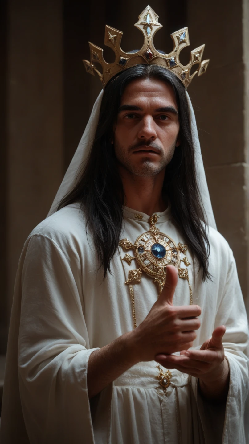 (Realistic portrait of Jesus Christ) , Male, Crown of Thorns, crucifix , (Standing 1.4) , (Viewer looking at: 1.4) , Solo , (Symmetrical) , (Masterpiece, Top Quality) , Full Length , Human Focus