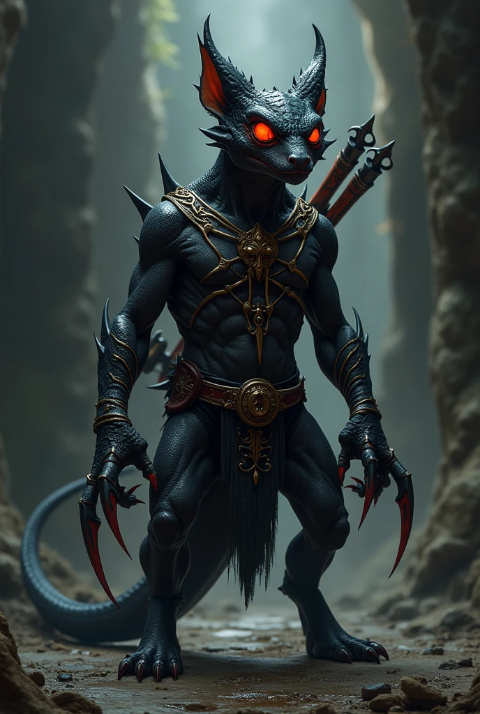 A black Dragonborn, scarlet red eyes, short white hair.