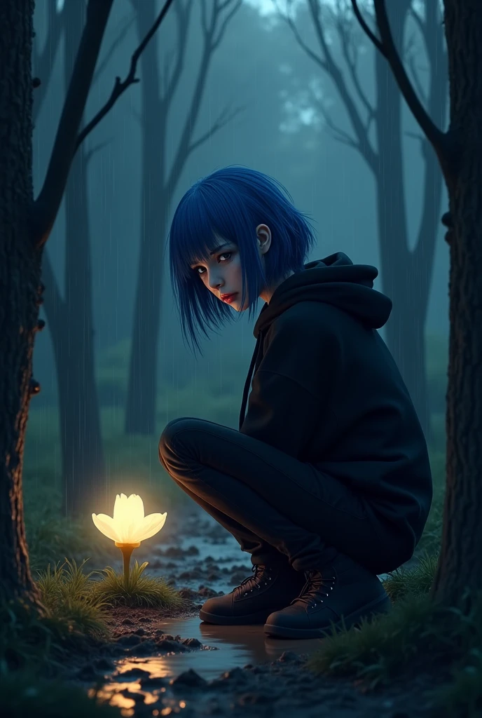 Bunny girl, black hoodie, in the woods, raining, crying, midnight, muddy, blue hair, black jeans, sitting in front of glowing flower