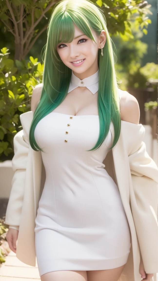 best quality, 1girl, from side, finger to mouth, squatting, head tilt, long hair, floating hair, green hair, tsurime, blue eyes, looking up at viewer, milf, teasing smile, muscle, medium breasts, sagging breasts, muscular, See-through, wedding dress, playground
