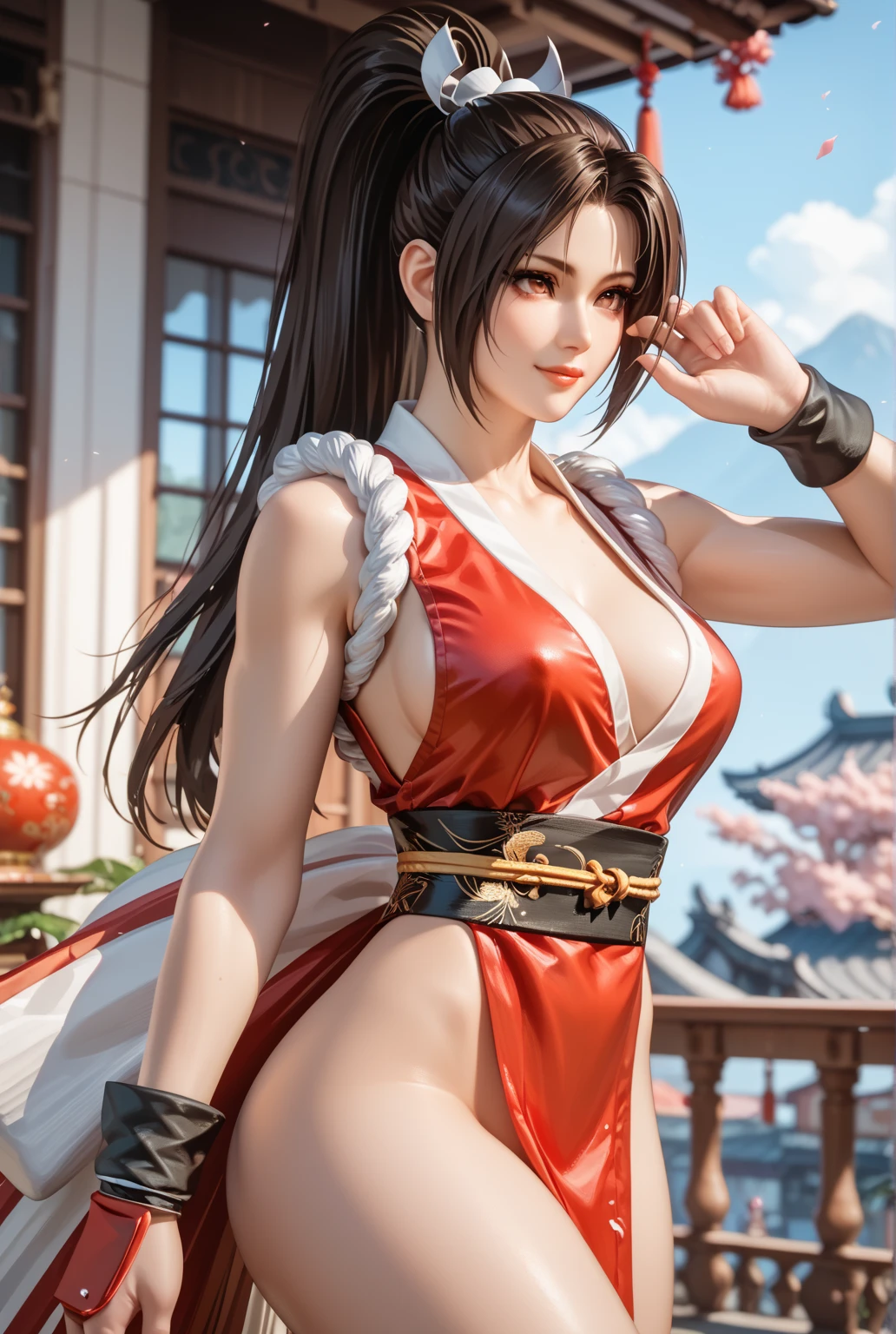 (Mai Shiranui), she is standing towards the viewer, her hands groping her own breasts, __Body parts__, official art, unity 8k wallpaper, ultra detailed, beautiful, art, super fine photo, high quality, super high resolution, photorealistic, bright sun, smile, elegant dress, jewelry, on birthday, amusement park, pretty, highly detailed skin, realistic skin details, visible pores, sharp focus, digital SLR camera, tongue out