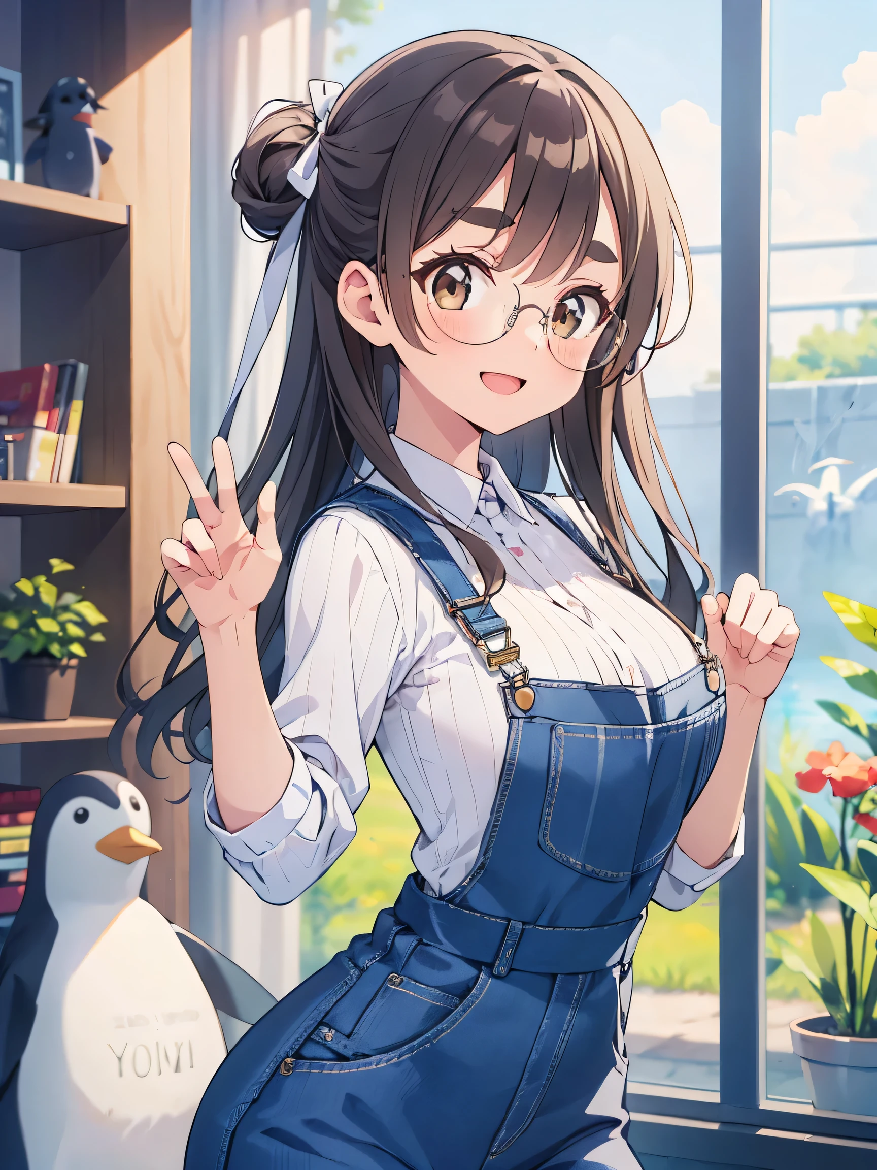 (score_9, score_8_up, score_7_up), source_Anime, absurd_res, white, blue, black, 1girls, solo, multiple girls, upper body, super fine illustration, an extremely delicate and beautiful, best quality, masterpiece, 8K, spring setting, Aquarium, A flock of penguins:1.3, beautiful detailed sky, flowers, gentle breeze, long black hair:1.3, half updo:1.3, brown eyes:1.3, wearing glasses:1.3, round eyewear:1.3, thick eyebrows:1.3, sagging eyes:1.3, hair ribbon with light blue, ample breasts, Zookeeper's clothes, Overalls, Boots, smile:1.3, blush:1.3, Feed the penguins:1.3, dynamic pose, contrapposto pose, soft fabric movement, warm and bright atmosphere, soft lighting, delicate color palette, detailed clothing folds, flowing hair, lively spring vibe, highly detailed rendering, breathtaking composition,