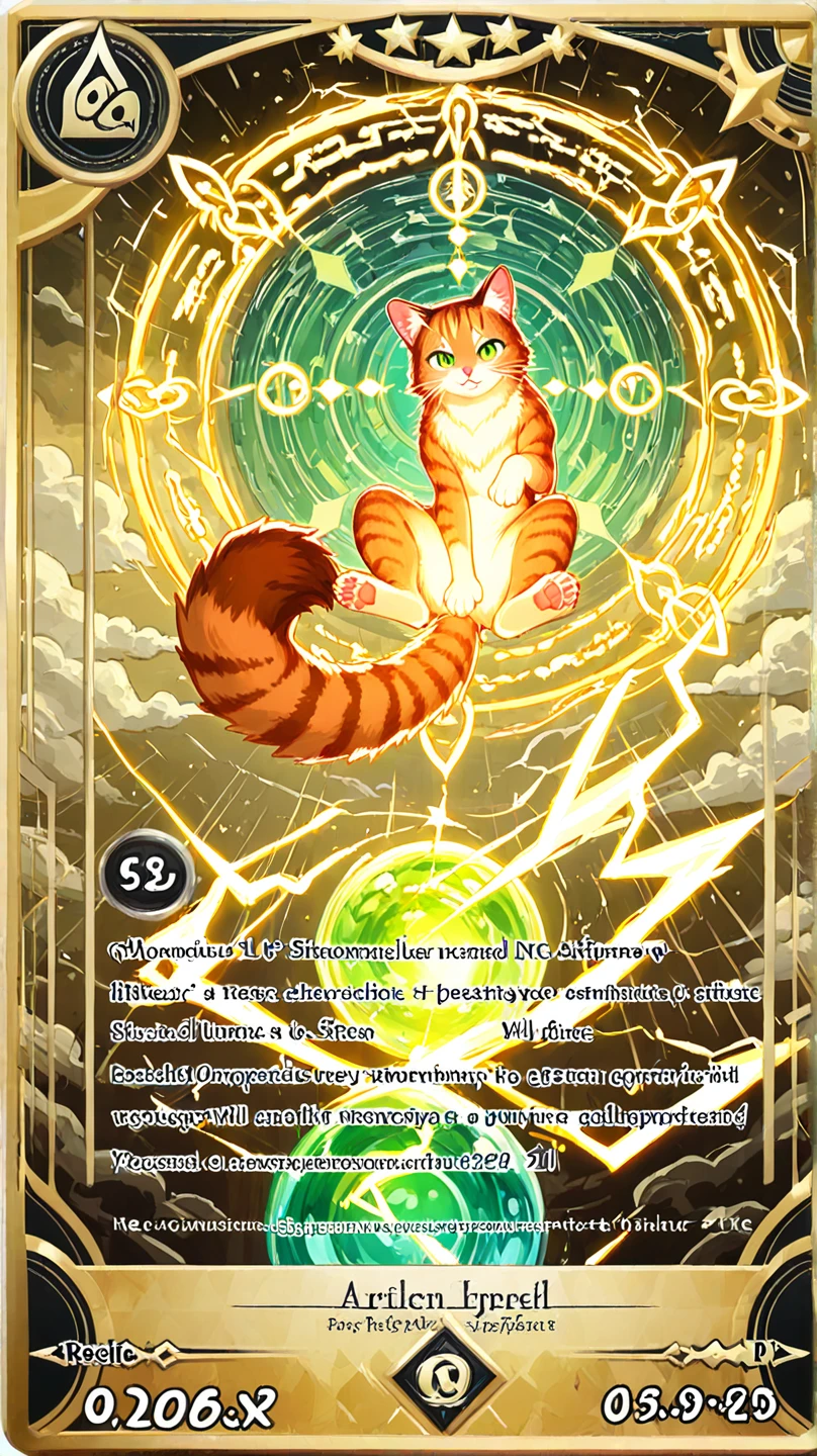 Premium 8K holographic card, Kajita, anthropomorphic cat-woman in an invocation pose with:

luminous orange fur (Pantone 021C) that shines under UV light, card design forming floating golden runes with a lenticular effect

Emerald green eyes projecting weather radar hologram (special ability detail)

 feet on a suspended water sphere showing the Temporal Rain effect (required field card)

Spongy tail spiraling upward, generating a whirlwind of spectral charts:

border: Filigree of storms stylized with conductive ink that reacts to the touch

Background: 4D chess board with pieces of clouds and lightning

Floating text: "When rain draws your destiny, my claws will write the next movement"

Art Style:

Magical hyperrealism with floating oil paint layers

Mixed media: Digital Watercolor + etched

Interactive effects: NFC microchip visible in eye reflections