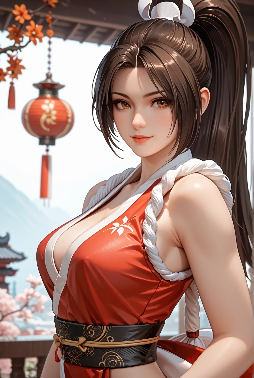 Japanese Beauty,Cherry Blossoms,Petals are just beginning to fall, In a park rich in nature、plant, (((Sexy姿势的杰作))), ((best quality)), ((complicated)), ((Surrealism)), Foolish answer, Mature woman, Mature woman, view, Very detailed, shape, mai Shiranui, ((Huge breasts)), Perfect hands, Finger details, beautiful eyes, ponytail,Brown eyes, (mai Shiranui suits:1.2), earrings, Long detailed background, Perfect eyes, Charming eyes, Looking at the audience, from above, Rosy cheeks,Sexy,Cleavage