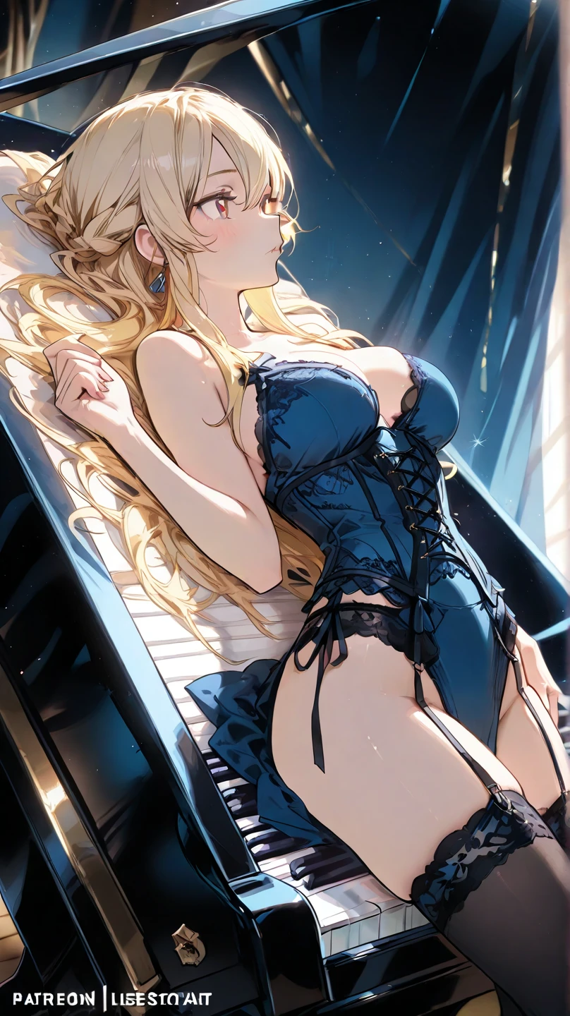 absurd, 8K, high resolution, ultra detailed, beautiful, masterpiece, best quality, very pretty woman, young, (very big breasts:1.1), very attractive, (lingerie:1.4), full body, lies on the bed, view from above, kokomidef, kokomirnd