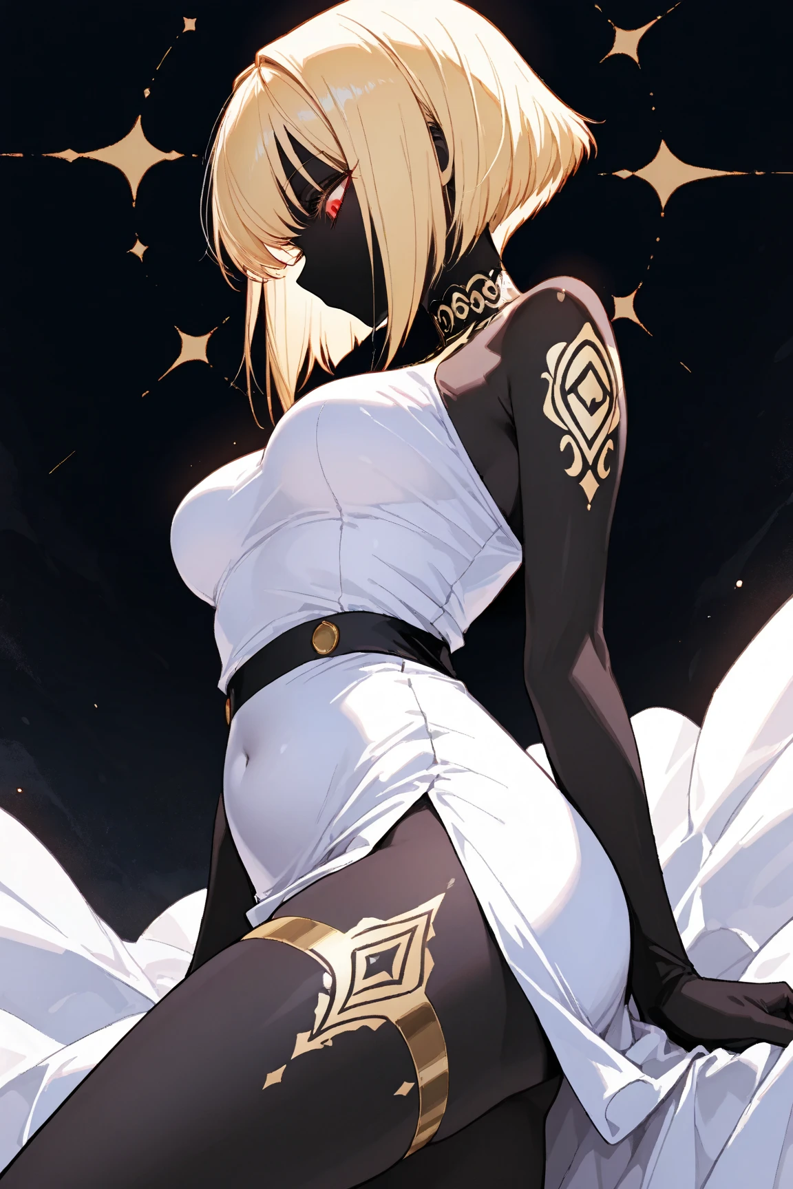 Mature woman, mature face, gentle face, glossy lips, golden eye color, golden eyes, gentle eyes, (braid hairstyle, bob hair, white hair, yellow gradient hair color, glossy hair), slender body, thick thighs, saintess clothes, white clothes, white loincloth, ass up head down, front view, bedroom