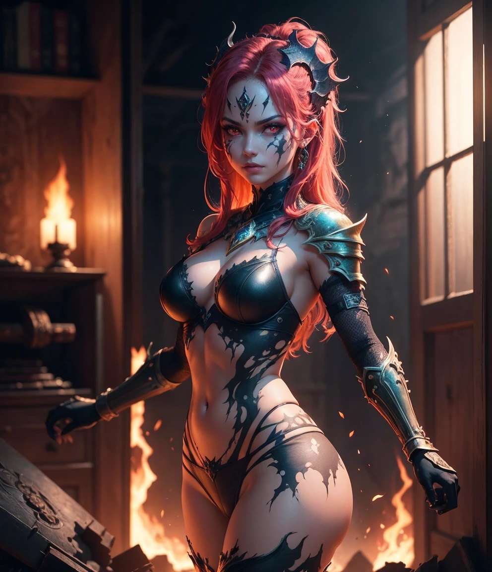 evil, Gothic art, chiaroscuro, tachi-e, projected inset, dutch angle, emphasis lines, masterpiece, ccurate, anatomically correct, highres, best quality, super detail, award winning,D14bl0 style spider spirit,(((half-human monster,woman body,busty),Medusa,Big chest,Exposed flesh,Bare chest,Scary faces,Sharp bone spurs growing on the legs,,Epic war fantasy digital art,(greg rutkovsky:0.8), (cyan and orange:0.4),character chart, tachi-e